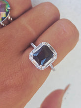 Load image into Gallery viewer, Black Emerald Cut CZ Ring with Baguetta Halo - Sterling Silver