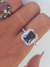 Load image into Gallery viewer, Black Emerald Cut CZ Ring with Baguetta Halo - Sterling Silver