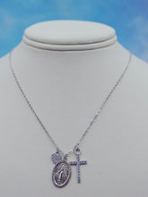 Load image into Gallery viewer, Cross, Heart &amp; Miraculous Medal on Cable Chain - Sterling Silver