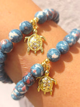 Load image into Gallery viewer, Turtle on Teal/Natural Jade Beaded Bracelet - Elena Michele