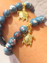 Load image into Gallery viewer, Turtle on Teal/Natural Jade Beaded Bracelet - Elena Michele