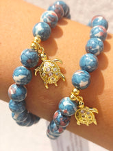 Load image into Gallery viewer, Turtle on Teal/Natural Jade Beaded Bracelet - Elena Michele