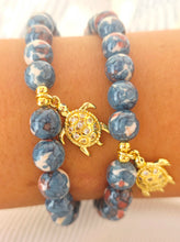 Load image into Gallery viewer, Turtle on Teal/Natural Jade Beaded Bracelet - Elena Michele
