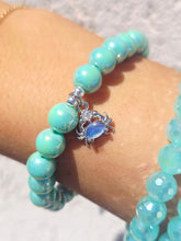 Load image into Gallery viewer, Crab Charm on Turquoise Shimmer Glass Beaded Bracelet - Elena Michele