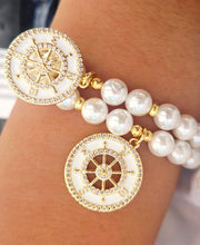 Load image into Gallery viewer, Compass Enamel Charm on 6mm Pearl Beaded Bracelet - Elena Michele