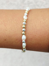 Load image into Gallery viewer, Pearl with Silver &amp; Gold Stretch Bracelet