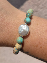 Load image into Gallery viewer, Pearl Coin on Aqua Jasper Beaded Bracelet - Elena Michele