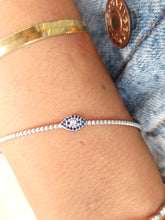 Load image into Gallery viewer, Flexible Evil Eye Bangle Bracelet with Sapphire and Diamond - 14K White Gold