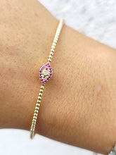 Load image into Gallery viewer, Flexible Evil Eye Bangle Bracelet with Ruby and Diamond - 14K Yellow Gold