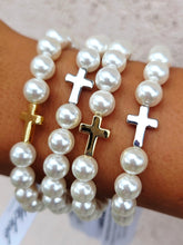 Load image into Gallery viewer, Cross Bead on White Pearl Beaded Bracelet - Elena Michele