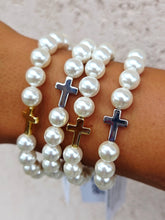 Load image into Gallery viewer, Cross Bead on White Pearl Beaded Bracelet - Elena Michele