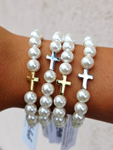 Load image into Gallery viewer, Cross Bead on White Pearl Beaded Bracelet - Elena Michele