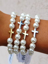 Load image into Gallery viewer, Cross Bead on White Pearl Beaded Bracelet - Elena Michele