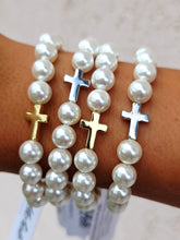 Load image into Gallery viewer, Cross Bead on White Pearl Beaded Bracelet - Elena Michele