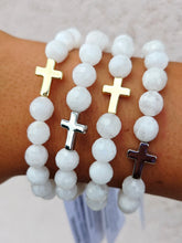 Load image into Gallery viewer, Cross Bead on White Moonstone Beaded Bracelet - Elena Michele