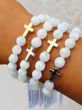 Load image into Gallery viewer, Cross Bead on White Moonstone Beaded Bracelet - Elena Michele