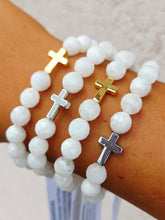 Load image into Gallery viewer, Cross Bead on White Moonstone Beaded Bracelet - Elena Michele
