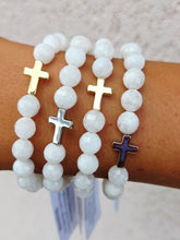 Load image into Gallery viewer, Cross Bead on White Moonstone Beaded Bracelet - Elena Michele