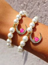 Load image into Gallery viewer, Pink Opal Heart Moon Charm on White Pearl Beaded Bracelet - Elena Michele