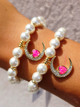 Load image into Gallery viewer, Pink Opal Heart Moon Charm on White Pearl Beaded Bracelet - Elena Michele