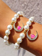 Load image into Gallery viewer, Pink Opal Heart Moon Charm on White Pearl Beaded Bracelet - Elena Michele
