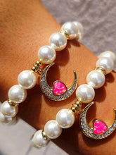 Load image into Gallery viewer, Pink Opal Heart Moon Charm on White Pearl Beaded Bracelet - Elena Michele