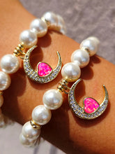 Load image into Gallery viewer, Pink Opal Heart Moon Charm on White Pearl Beaded Bracelet - Elena Michele