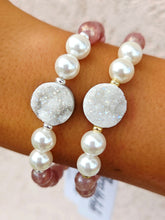 Load image into Gallery viewer, Druzy on Strawberry Quartz with Pearl Beaded Bracelet - Elena Michele