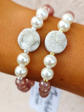 Load image into Gallery viewer, Druzy on Strawberry Quartz with Pearl Beaded Bracelet - Elena Michele