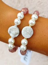 Load image into Gallery viewer, Druzy on Strawberry Quartz with Pearl Beaded Bracelet - Elena Michele