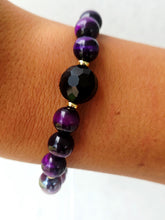 Load image into Gallery viewer, Onyx Coin on Purple Tigers Eye Beaded Bracelet - Elena Michele