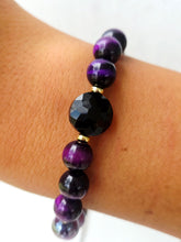 Load image into Gallery viewer, Onyx Coin on Purple Tigers Eye Beaded Bracelet - Elena Michele