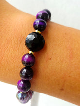 Load image into Gallery viewer, Onyx Coin on Purple Tigers Eye Beaded Bracelet - Elena Michele