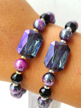 Load image into Gallery viewer, Purple Rectangle Crystal on Purple Tigers Eye Beaded Bracelet - Elena Michele