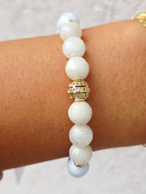 Load image into Gallery viewer, Pave Ball &amp; Moonstone on White Mother of Pearl Shell Beaded Bracelet - Elena Michele
