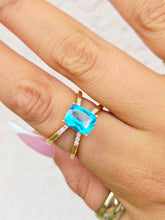 Load image into Gallery viewer, Split Shank Paraiba Topaz and Diamond Ring - 14K Yellow Gold - Marie's Custom Design
