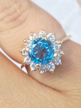 Load image into Gallery viewer, Round Blue Topaz Ring with Diamond Halo - 14K Yellow Gold