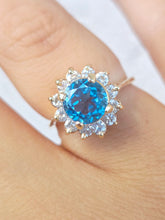 Load image into Gallery viewer, Round Blue Topaz Ring with Diamond Halo - 14K Yellow Gold