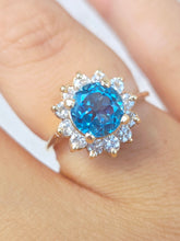 Load image into Gallery viewer, Round Blue Topaz Ring with Diamond Halo - 14K Yellow Gold