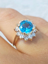 Load image into Gallery viewer, Round Blue Topaz Ring with Diamond Halo - 14K Yellow Gold