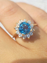 Load image into Gallery viewer, Round Blue Topaz Ring with Diamond Halo - 14K Yellow Gold