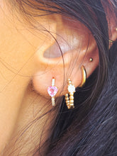 Load image into Gallery viewer, Pink Sapphire Heart and Diamond Huggie Hoop Earrings - 18K Yellow Gold