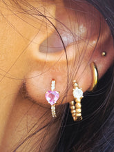 Load image into Gallery viewer, Pink Sapphire Heart and Diamond Huggie Hoop Earrings - 18K Yellow Gold