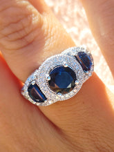 Load image into Gallery viewer, Vintage Style Three Stone Sapphire &amp; Diamond Ring - 14K White Gold