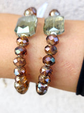 Load image into Gallery viewer, Green Rectangle Crystal on Mossy Mocha Beaded Bracelet - Elena Michele