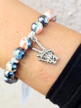 Load image into Gallery viewer, Skeleton Peace Sign on Orange Black Agate Beaded Bracelet - Elena Michele
