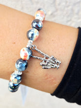 Load image into Gallery viewer, Skeleton Peace Sign on Orange Black Agate Beaded Bracelet - Elena Michele