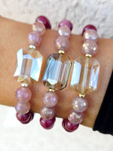 Load image into Gallery viewer, AB Champagne Rectangle Crystal on Strawberry &amp; Cranberry Jade Beaded Bracelet - Elena Michele