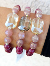 Load image into Gallery viewer, AB Champagne Rectangle Crystal on Strawberry &amp; Cranberry Jade Beaded Bracelet - Elena Michele