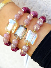 Load image into Gallery viewer, AB Champagne Rectangle Crystal on Strawberry &amp; Cranberry Jade Beaded Bracelet - Elena Michele